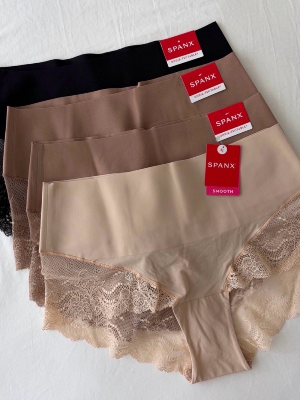 SPANX Undietectable Smooth Lace-Trim Hi-Waist Briefs — Black, Brown, Nude, Cream